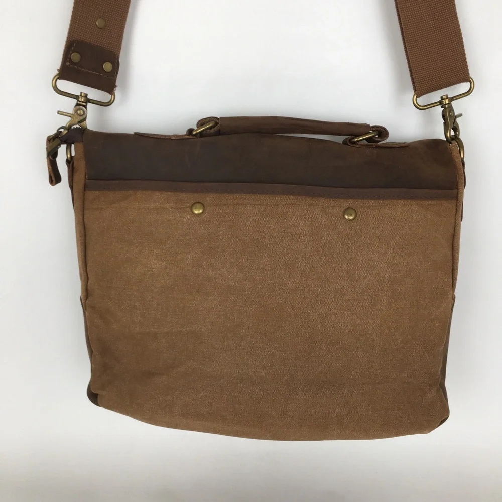 Genuine Leather Brown Canvas Vintage Style Laptop Messenger Bag Satchel